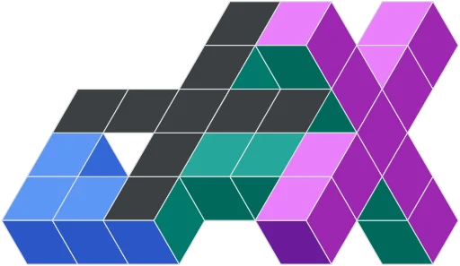 The jaxmore logo: JAX's, its letters built from coloured rhombi, with the J's stem crossed by a dark-grey bar of the same rhombi into a big plus.