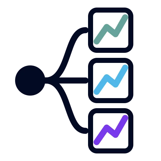 The plotting_backends logo: a navy dot branching to three small charts, each the same line plot in a different colour, teal, blue and purple.